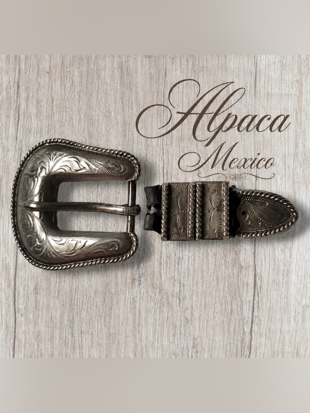 3/4" Sterling Silver Overlay Hand Engraved Rope Edge Buckle Set - 4 Piece Alpaca